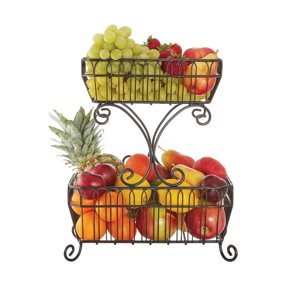Close-up of the iron craftsmanship of the decorative basket on a countertop.