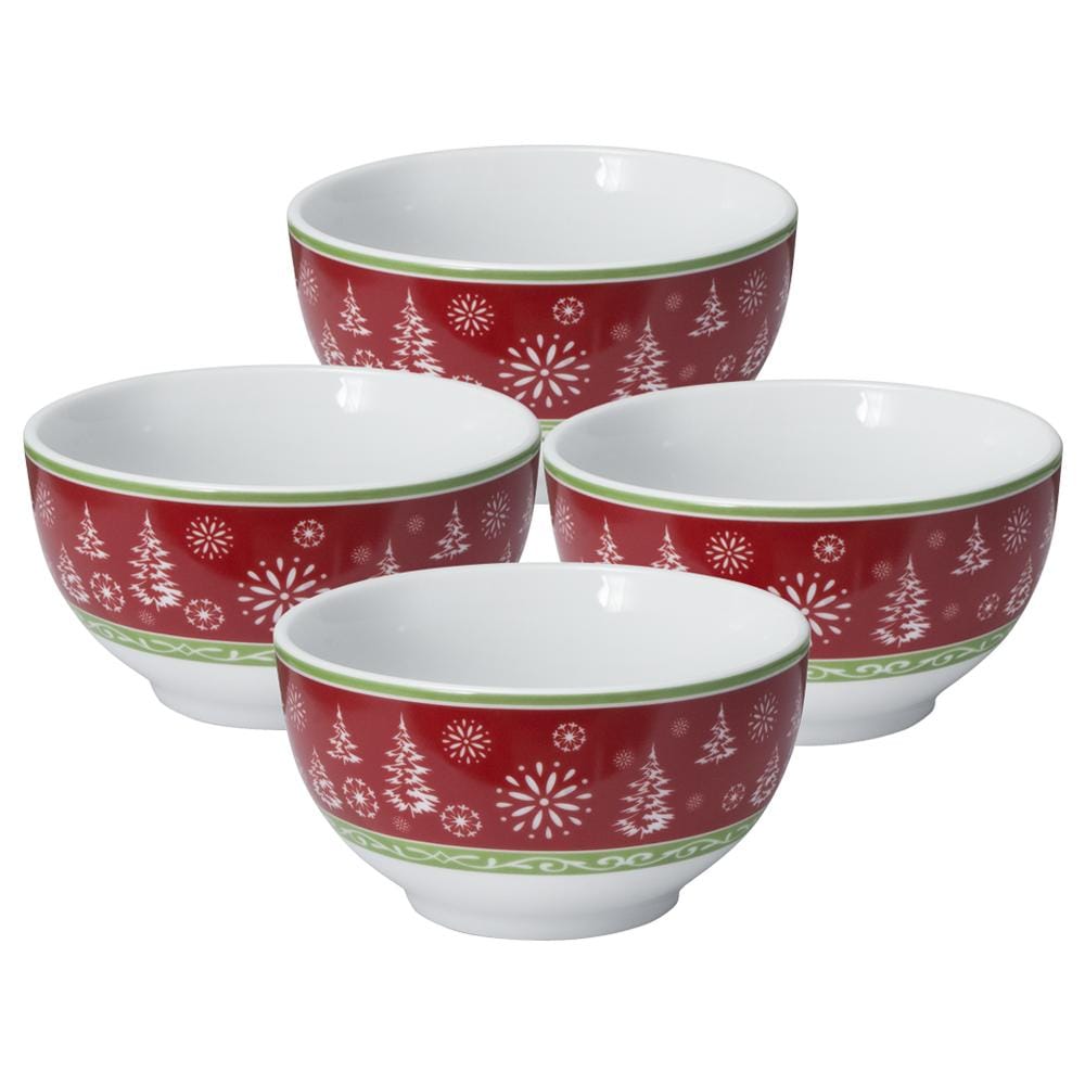 Snowflake porcelain bowl with red band and winter motif on table setting