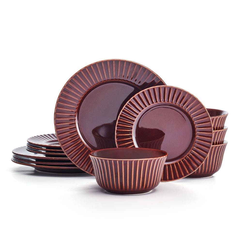Family enjoying meals with the Dannie Red stoneware dinnerware set