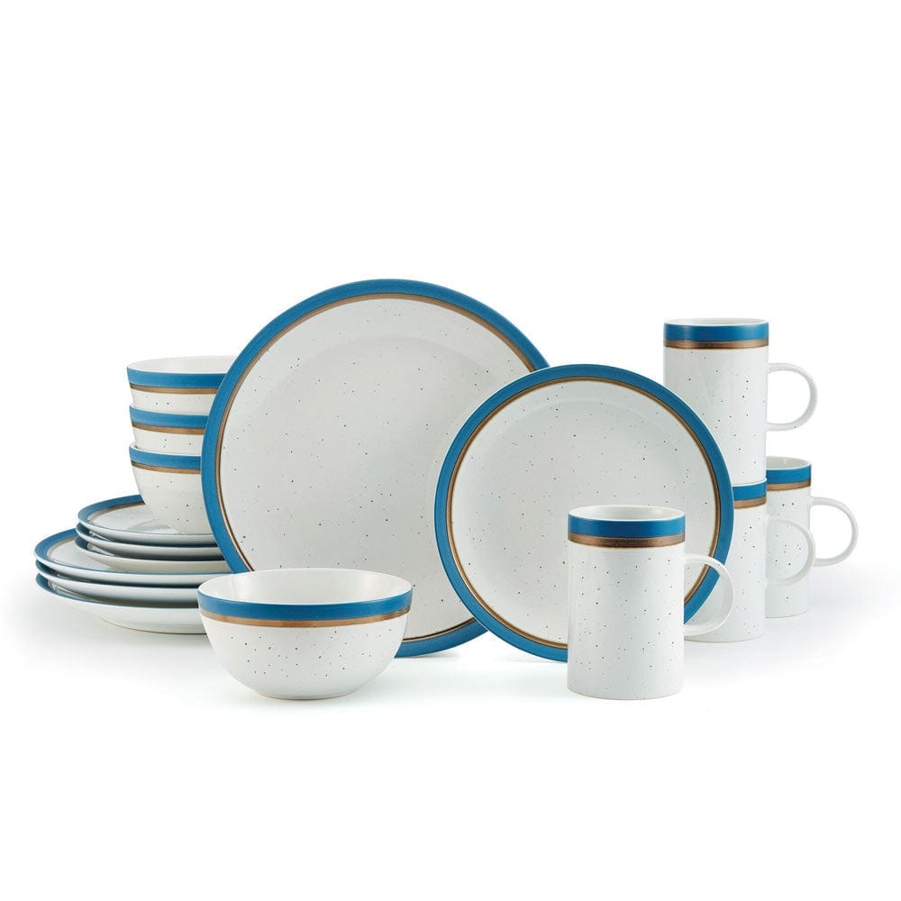 Dining table setup featuring the Ezra Blue service for 4, ideal for family meals