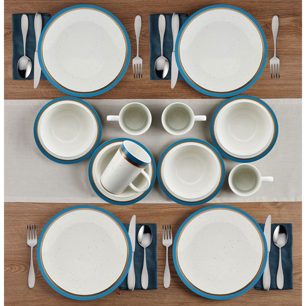 Dining table setup featuring the Ezra Blue service for 4, ideal for family meals