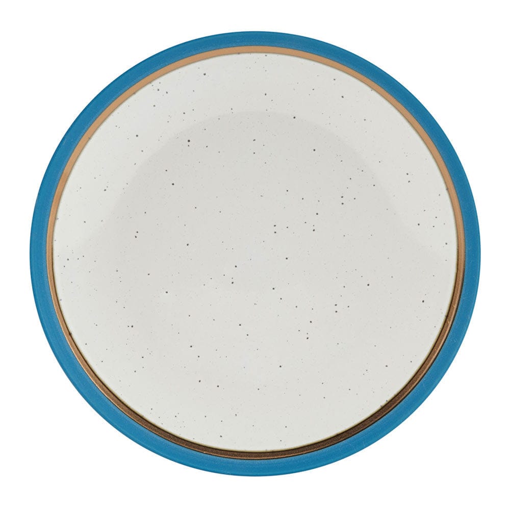Close-up of Ezra Blue dinnerware set showcasing speckle pattern and metallic accents