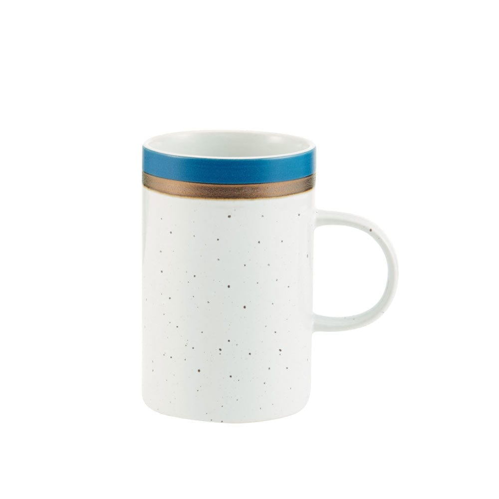 Close-up of Ezra Blue dinnerware set showcasing speckle pattern and metallic accents