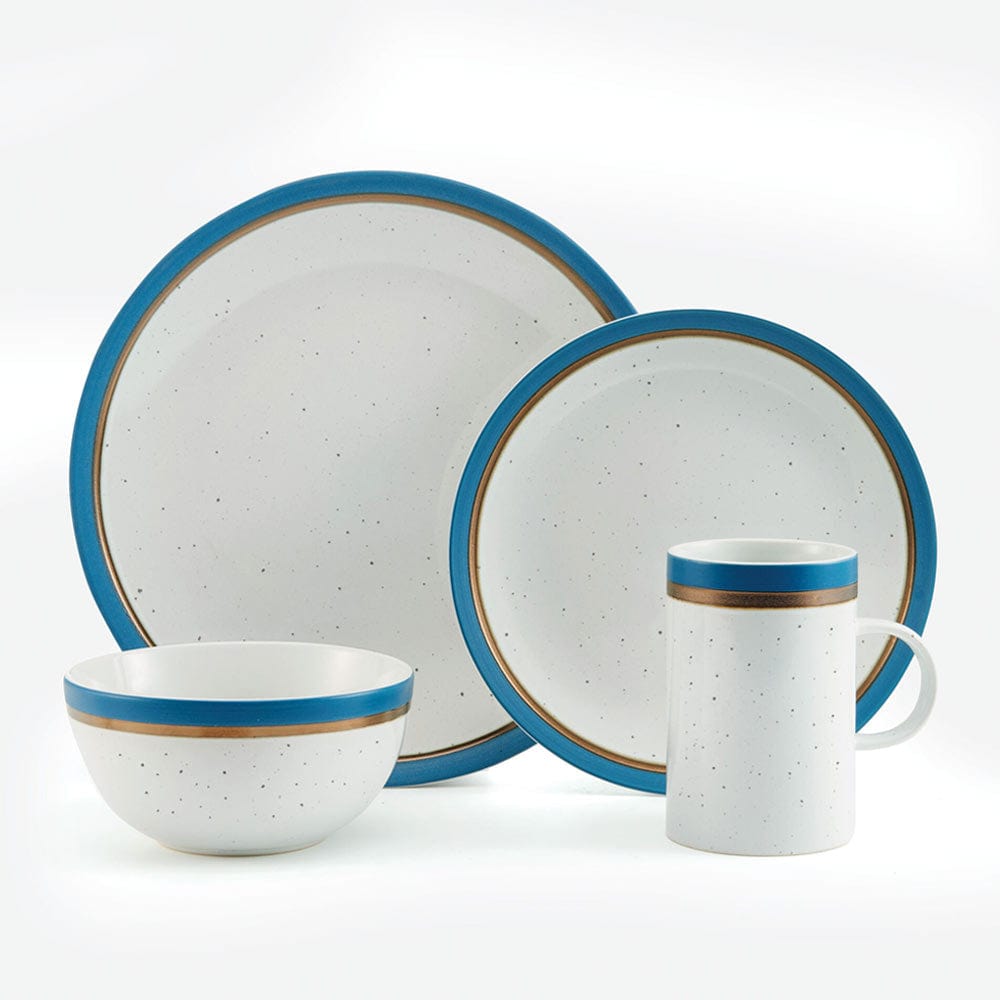 Dining table setup featuring the Ezra Blue service for 4, ideal for family meals