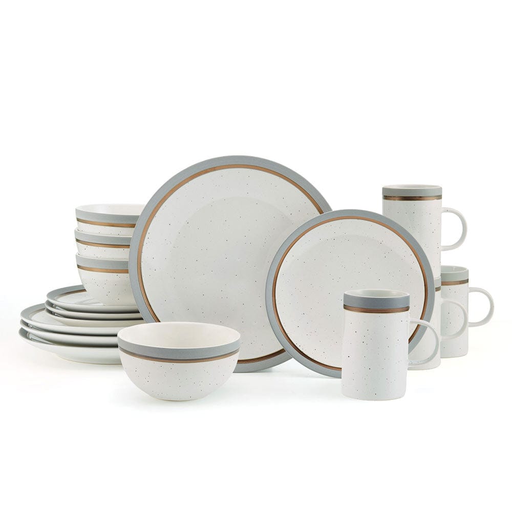Close-up of the speckle pattern on the stoneware dinnerware, highlighting its modern design.