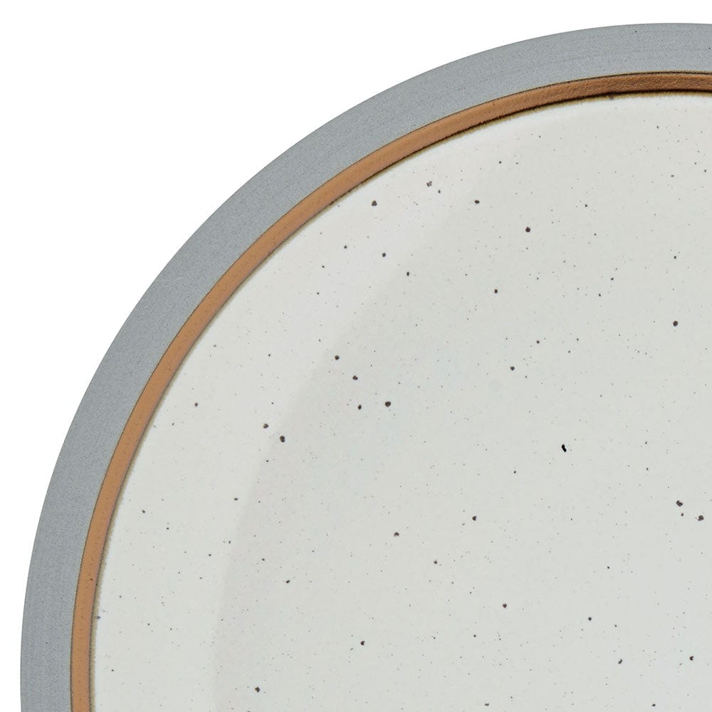 Modern speckled dinnerware set displayed on a dining table, showcasing plates and bowls.