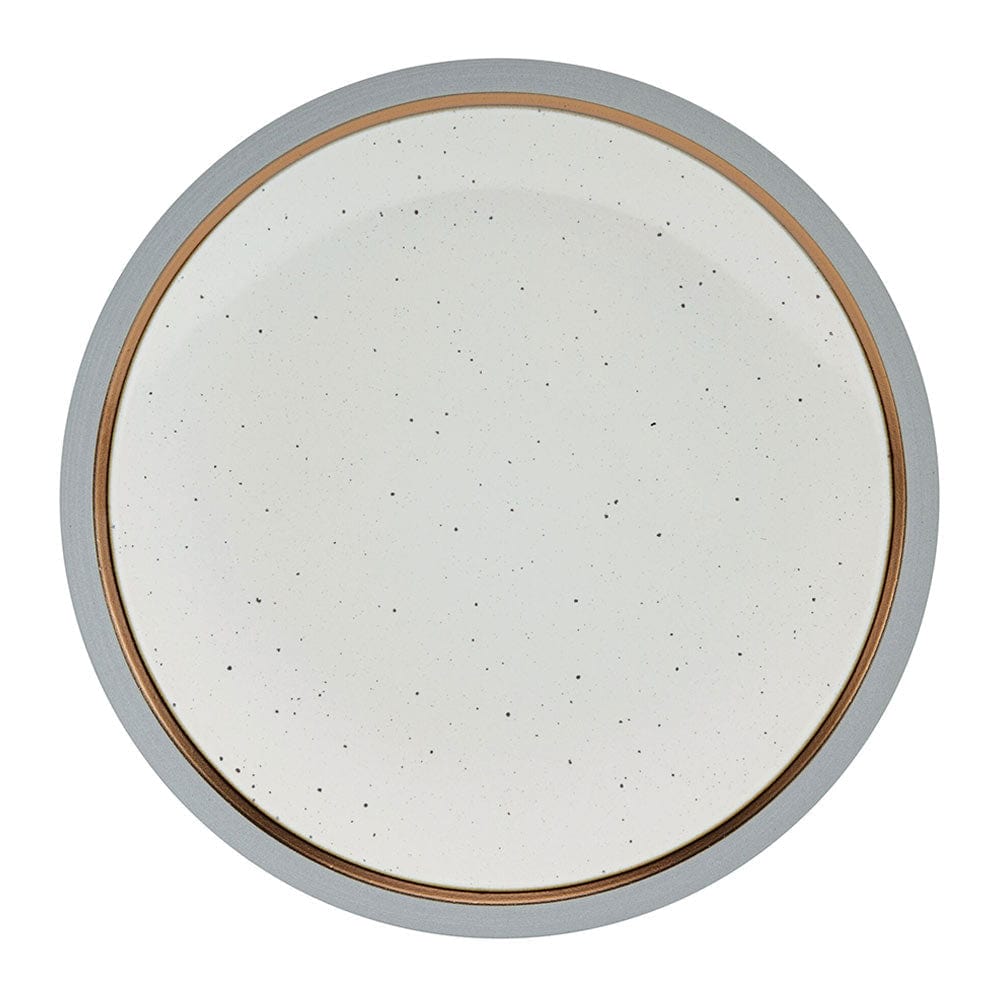 Close-up of the speckle pattern on the stoneware dinnerware, highlighting its modern design.