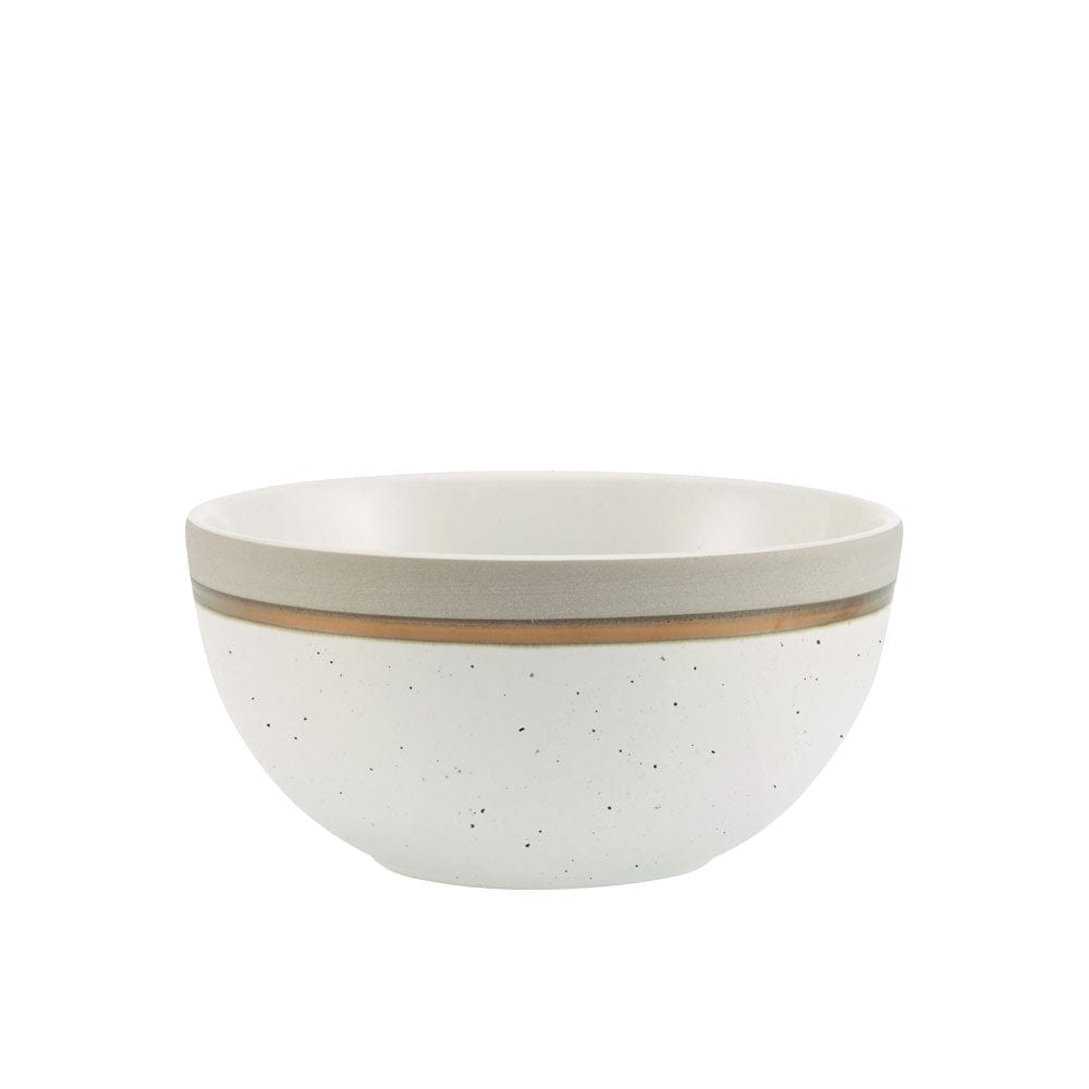 Close-up of Ezra taupe dinnerware set with mugs showing metallic rim accents