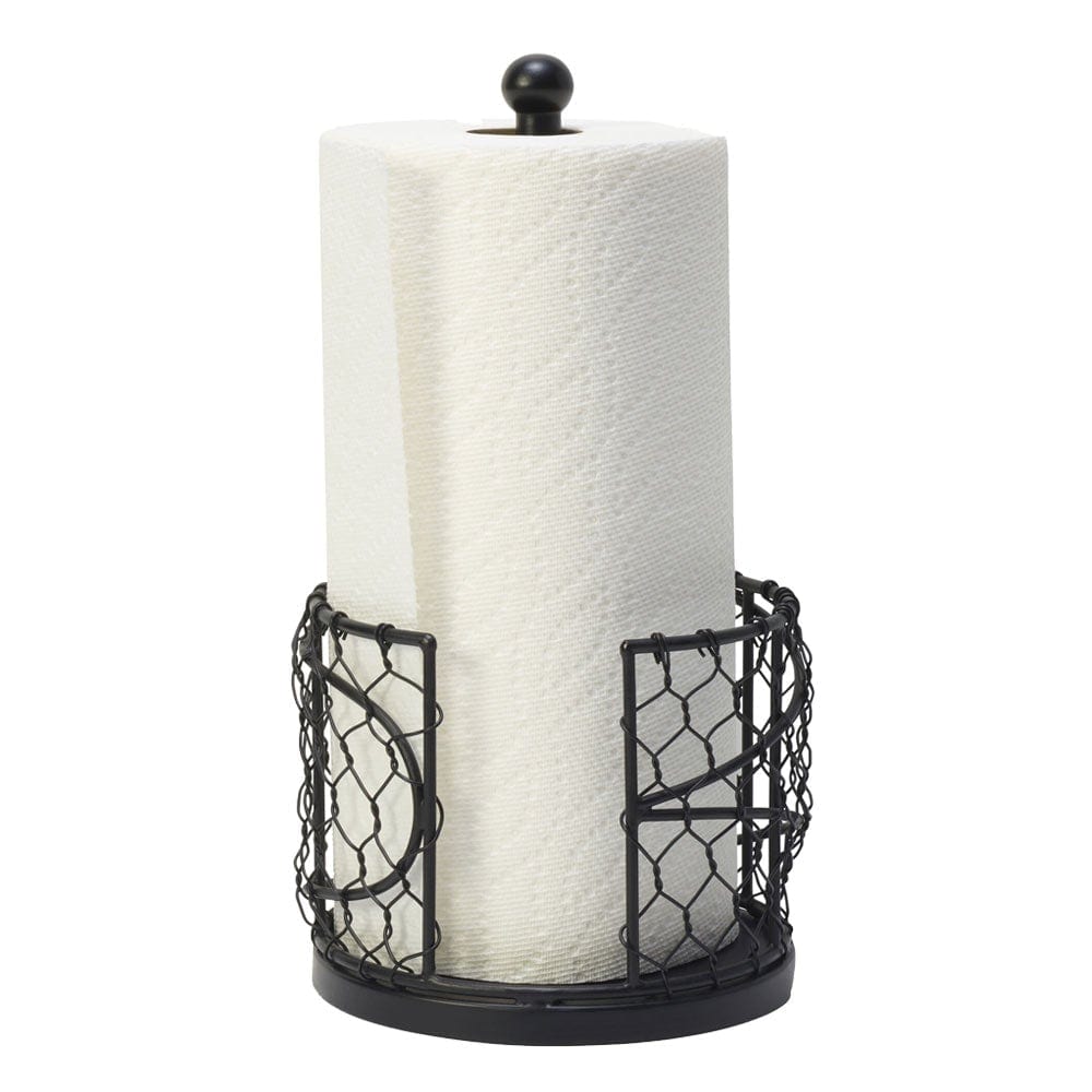Close-up of the black wire paper towel holder showing its guide wall feature