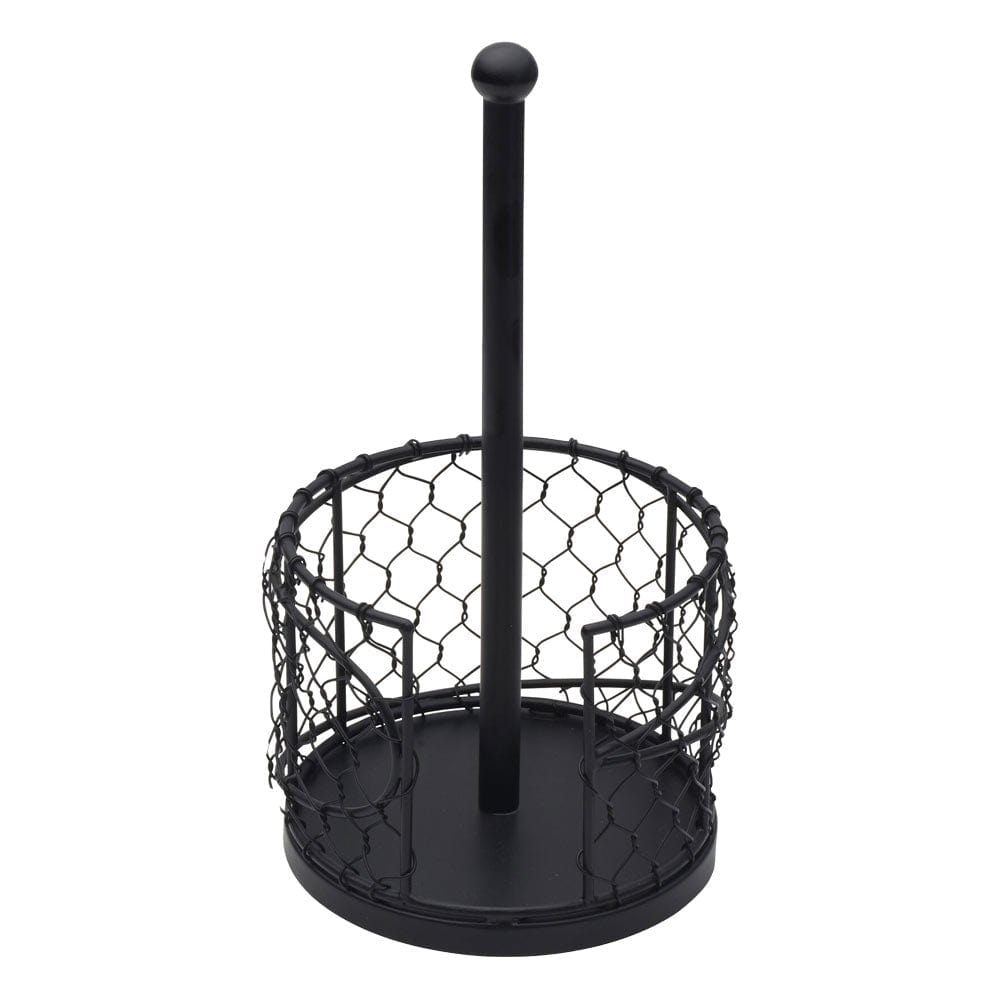 Farmhouse style iron paper towel holder with black wire frame on a kitchen countertop