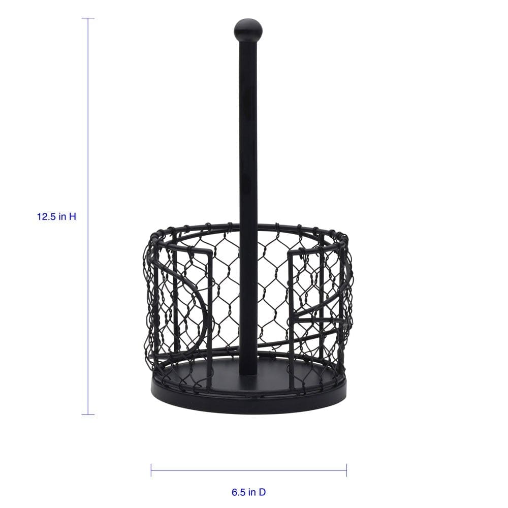 Close-up of the black wire paper towel holder showing its guide wall feature