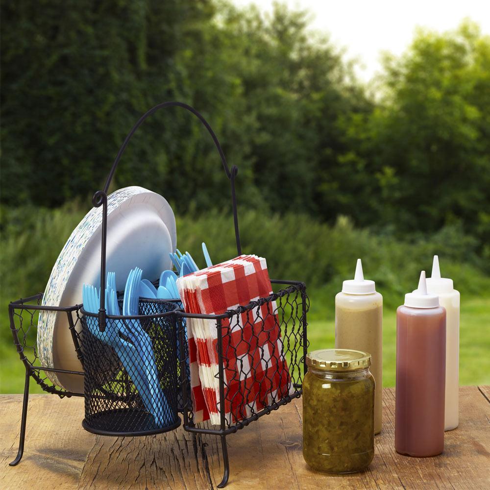 Contemporary buffet caddy displaying organized tableware for a party.