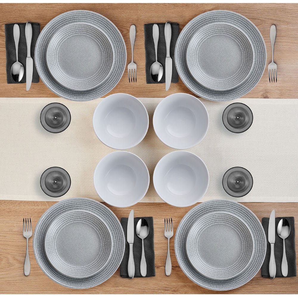 Felicity stoneware dinnerware set with reactive glaze finish on a dining table