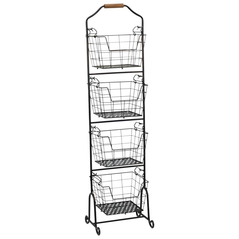 Close-up of acacia wood handle and antique black iron finish on standing storage rack