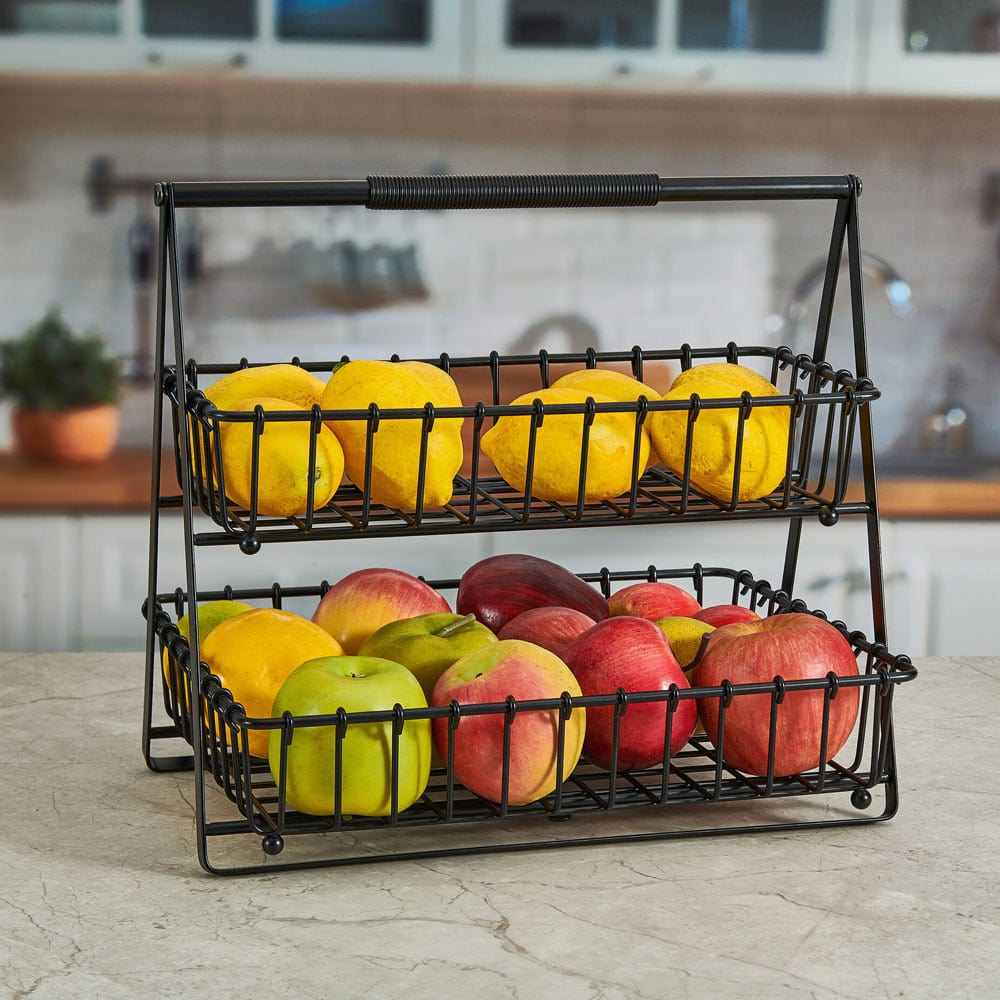 Modern black metal storage basket for kitchen organization with intricate details
