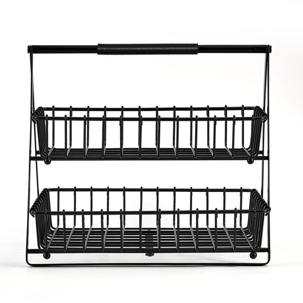 Modern black metal storage basket for kitchen organization with intricate details