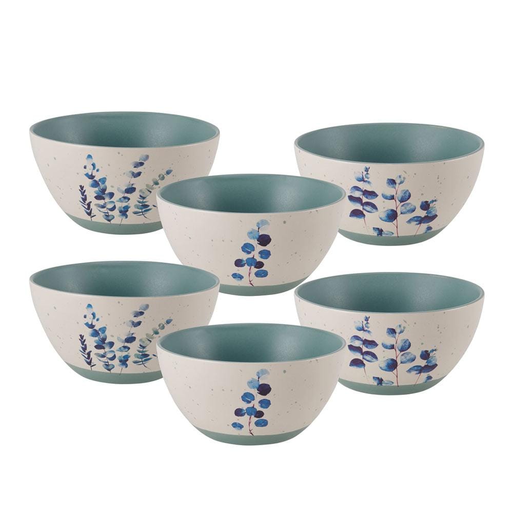 Aerial view of Floral Blue Stoneware Soup and Cereal Bowls Set, showcasing unique leaf designs.