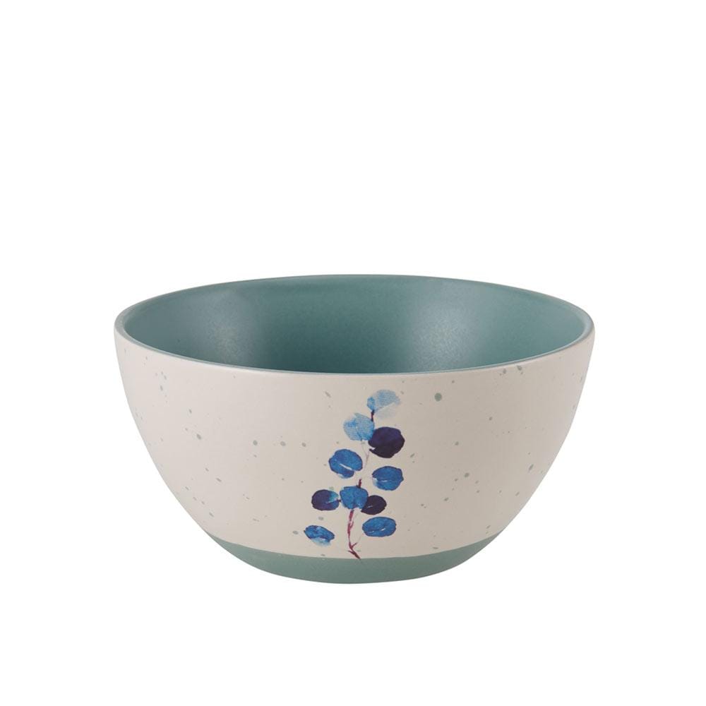 Close-up of the matte speckled glaze finish of the Floral Blue Stoneware Bowls.