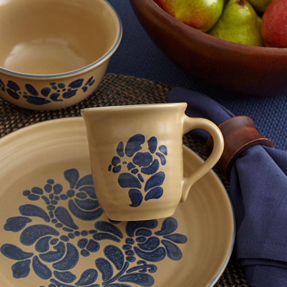 Close-up of Pfaltzgraff stoneware mug with hot coffee, highlighting its sturdy handle and elegant finish