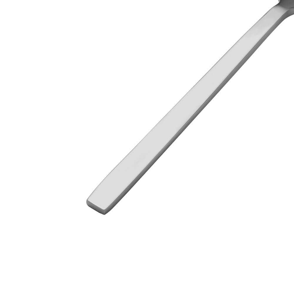 Close-up of stainless steel flatware set with slender handles and mirror finish