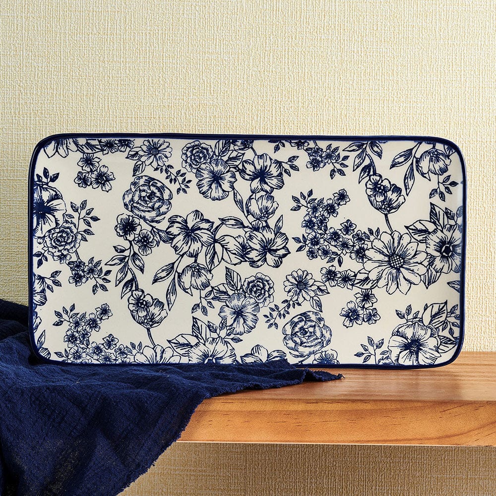 Gabriela blue floral stoneware platter from above, showcasing its vibrant design.