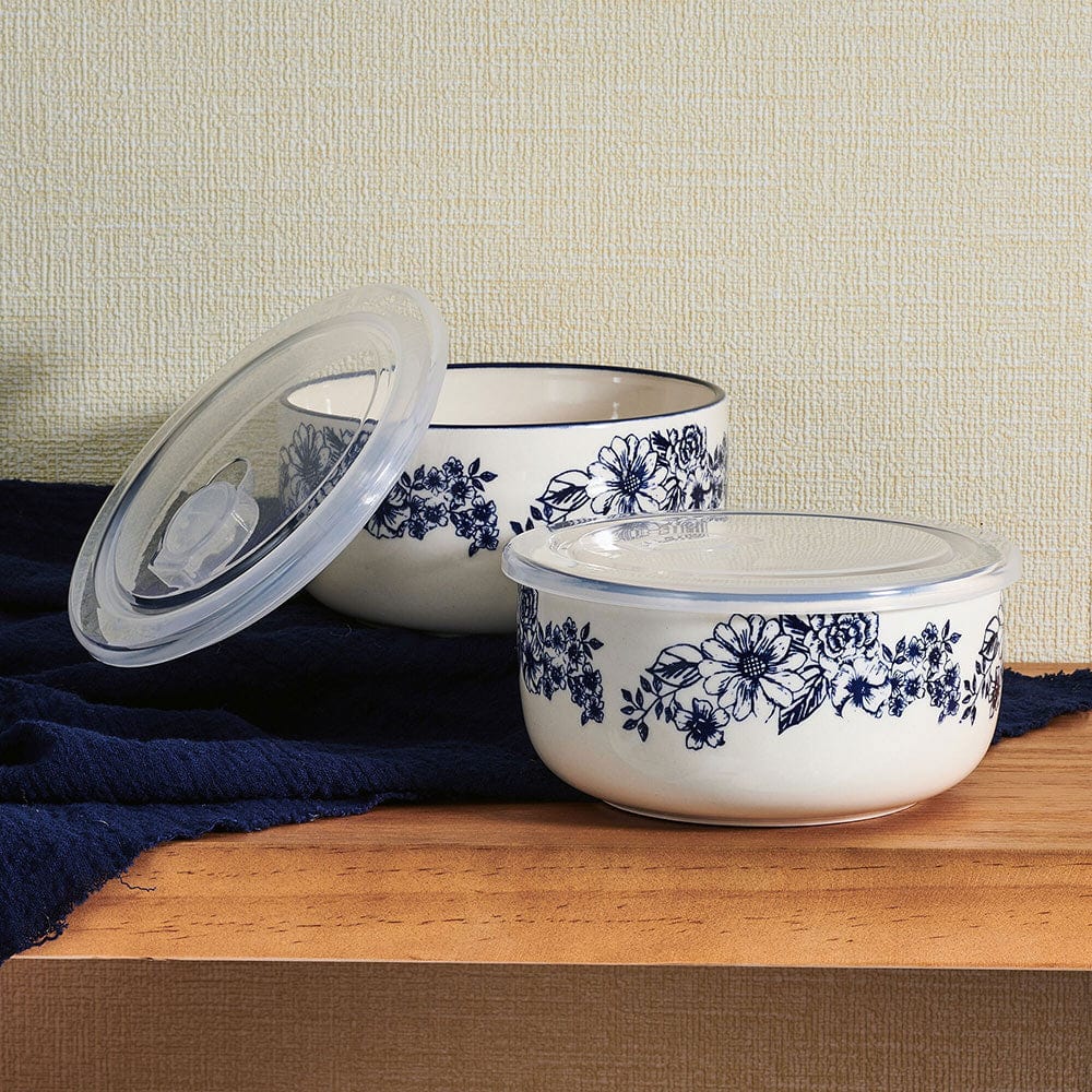 Front view of Gabriela Blue ceramic kitchen bowls set with lids showing floral pattern