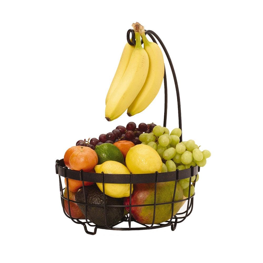 Close-up of the antique black finish on the fruit basket with banana hook.
