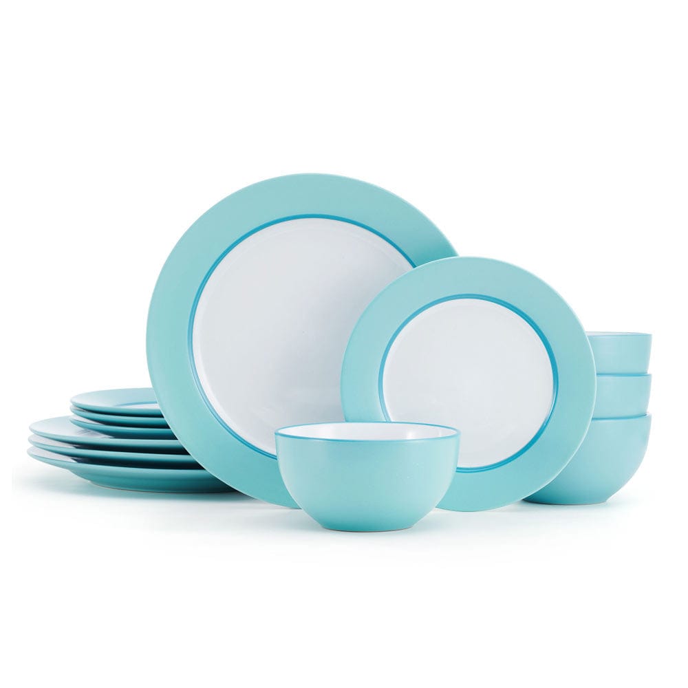 Close-up of Grayson teal stoneware dishes showcasing their elegant design.