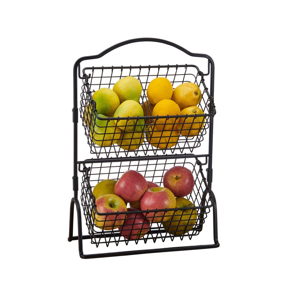 Close-up of the black metal fruit basket with airflow for even ripening of fruits.