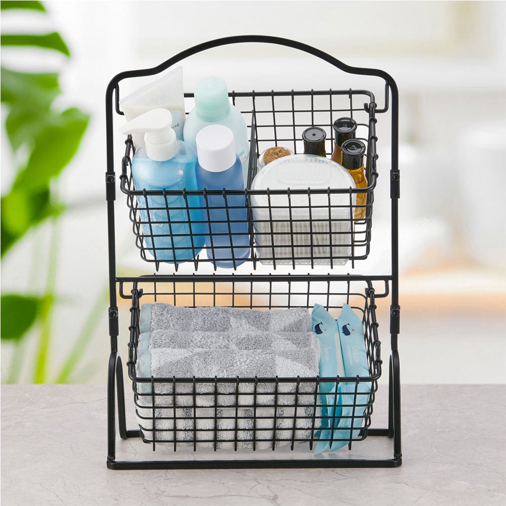 Elegant carbon steel 2-tier fruit basket organizer, showcasing its open-wire design.