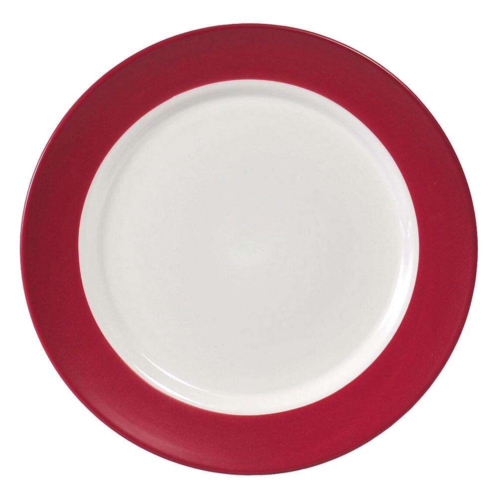 Harmony Red stoneware dinner plates set on a dining table, ideal for family meals.