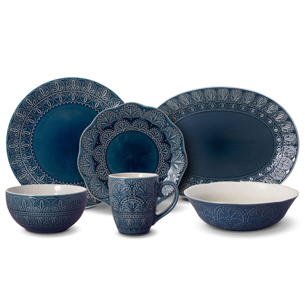 Close-up of the Havana serving bowl and platter set, highlighting the intricate blue design.