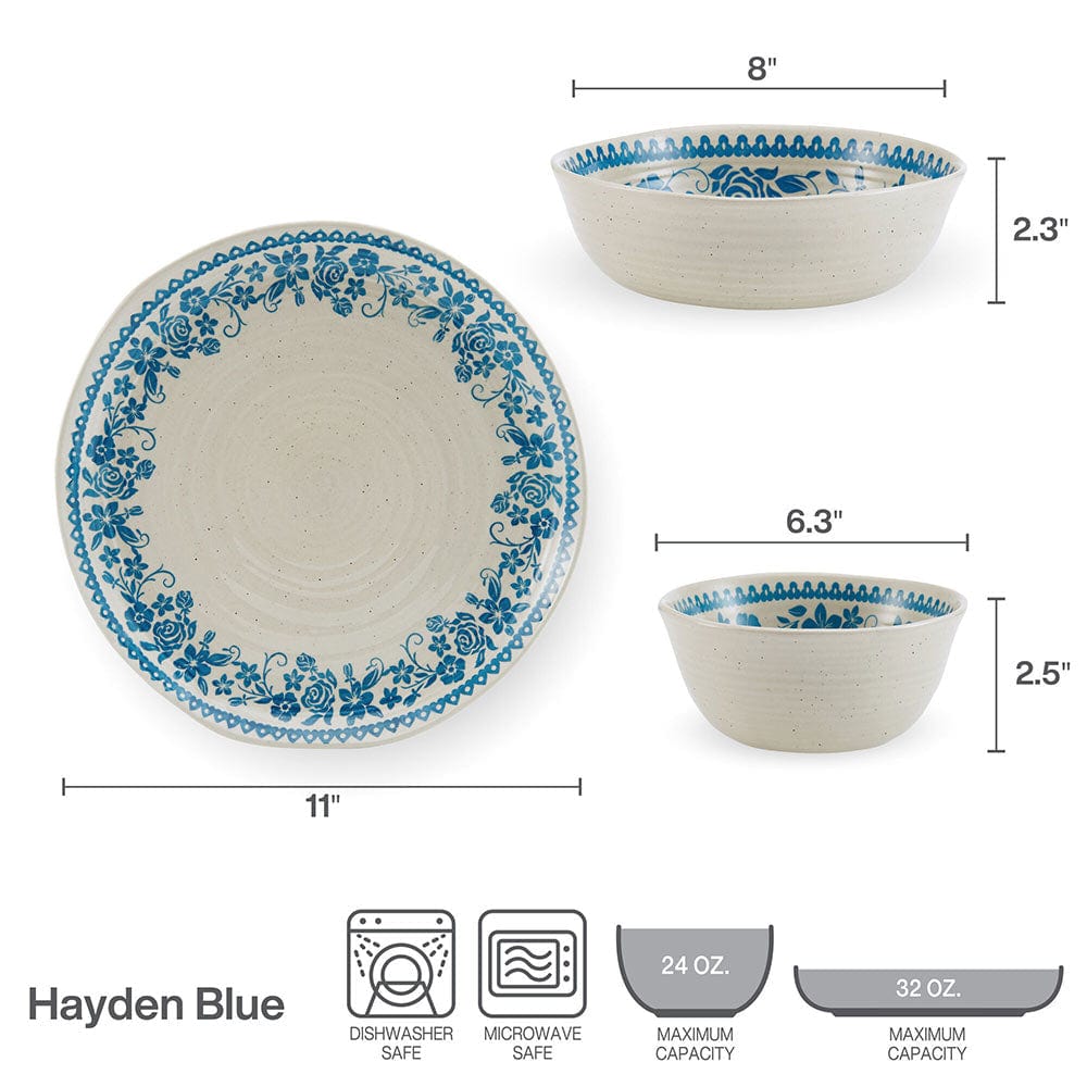 Close-up of Hayden Blue stoneware dinner plate with floral motif and concentric ribbed design