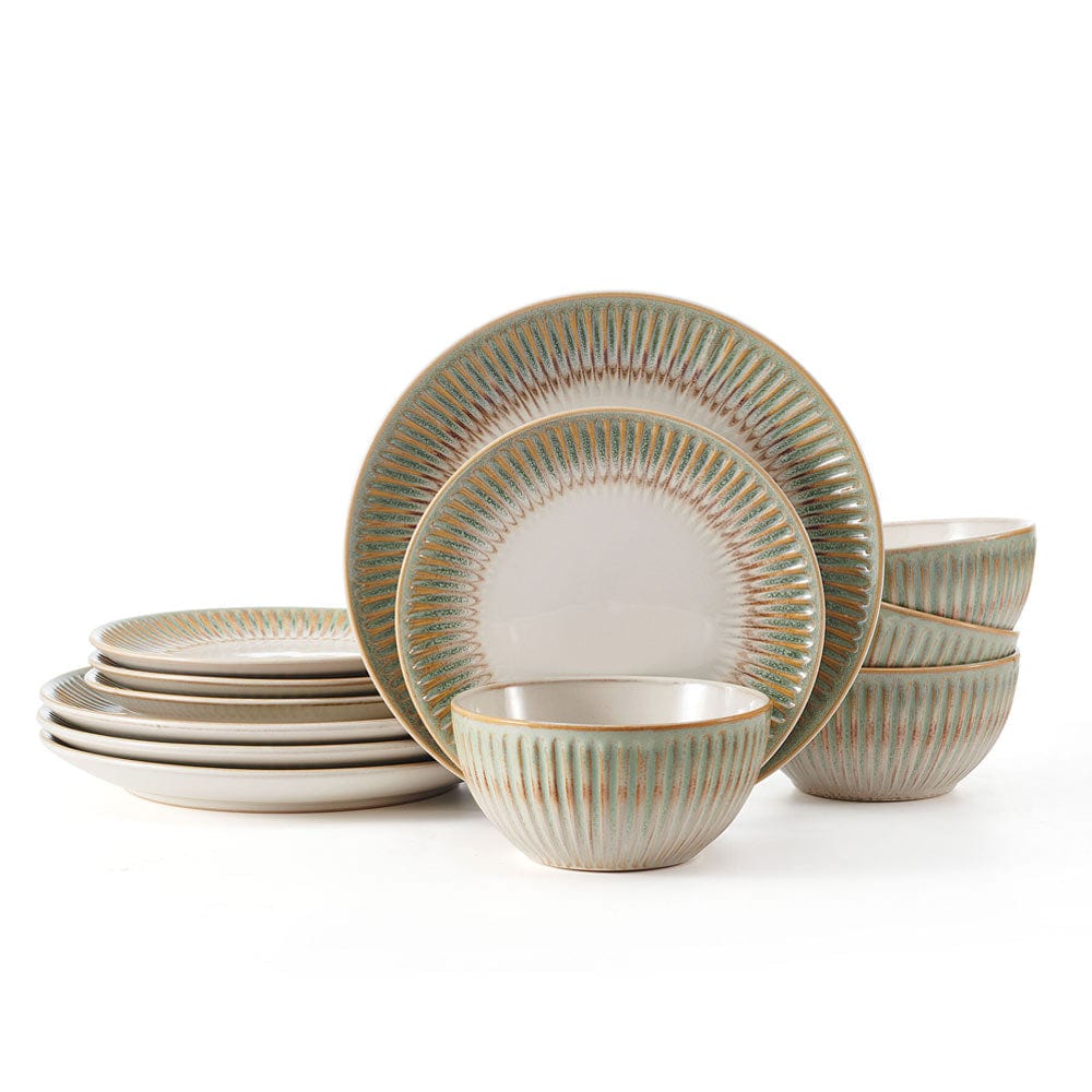 Side angle showcasing embossed pattern and reactive glaze finish on dish sets