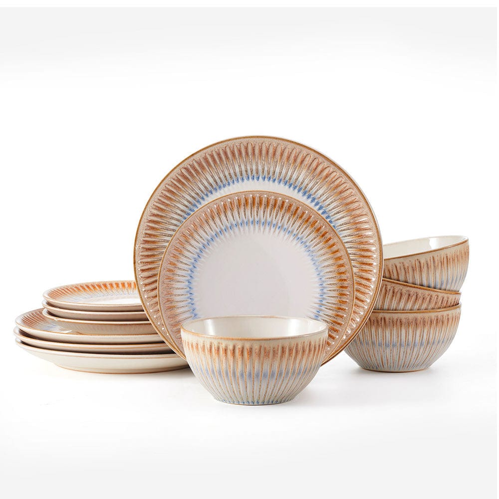 Close-up of Hensley Taupe salad plates, highlighting the embossed ridge pattern.