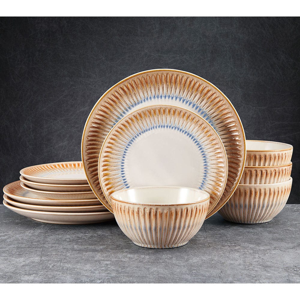 Hensley Taupe dinnerware set displayed on a dining table, showcasing its unique design.