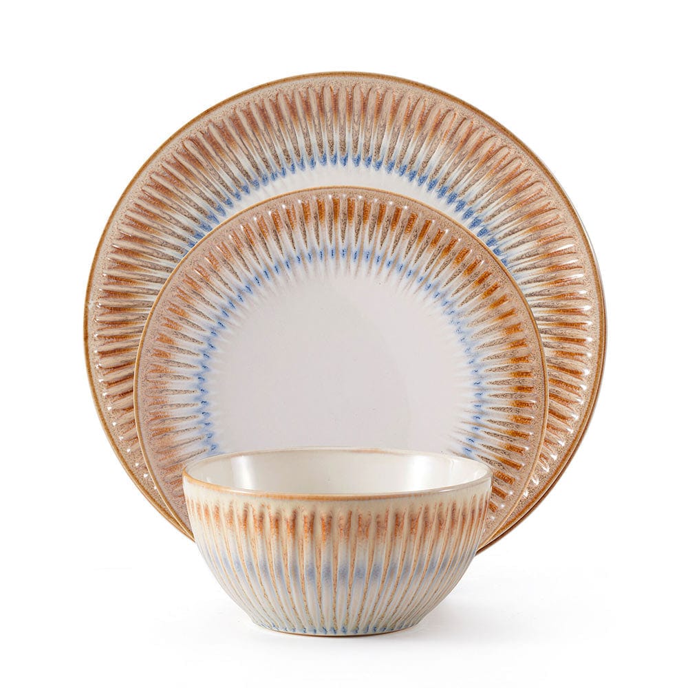 Hensley Taupe dinnerware set displayed on a dining table, showcasing its unique design.