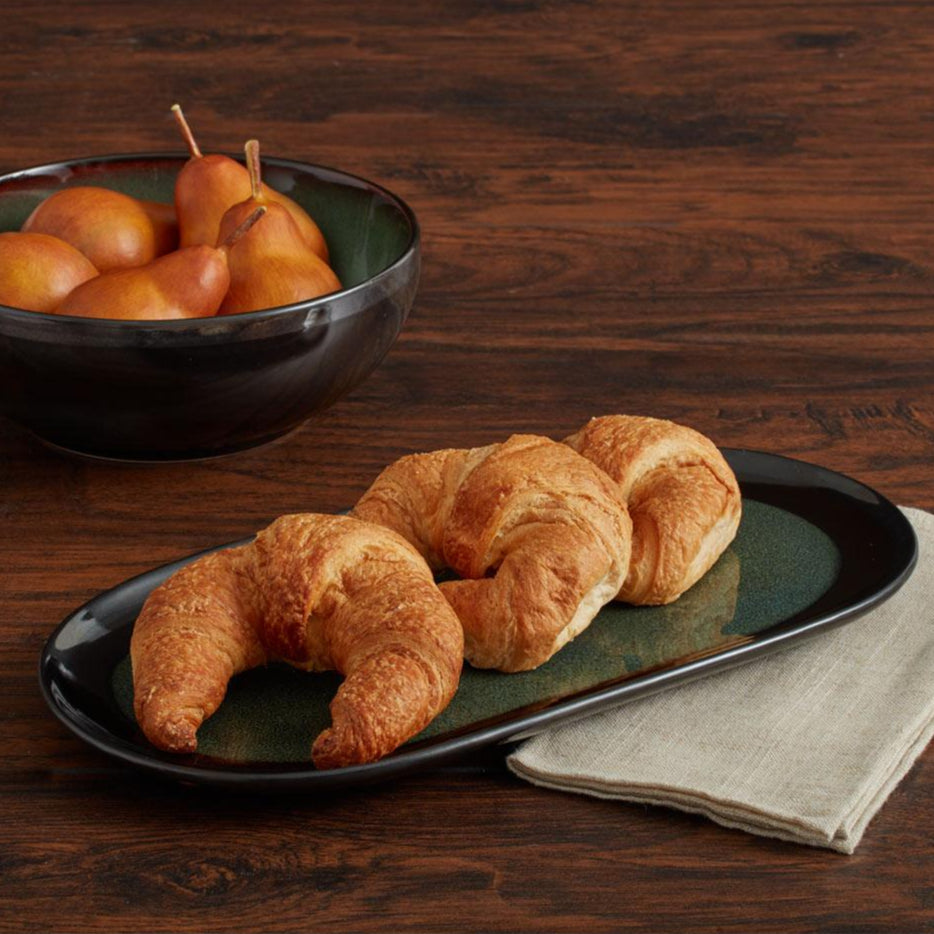 Close-up of JadeCraft 14-inch oval stoneware serving platter with reactive glaze finish