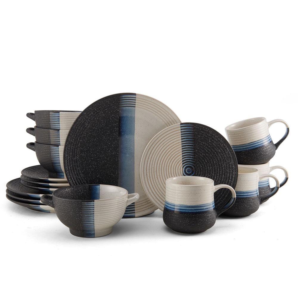 Detail of Jaxon ceramic plates showcasing striated lines and speckle finish