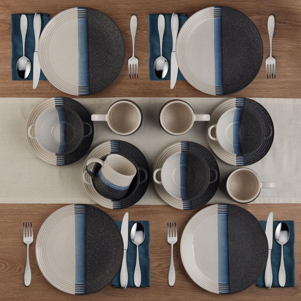 Detail of Jaxon ceramic plates showcasing striated lines and speckle finish