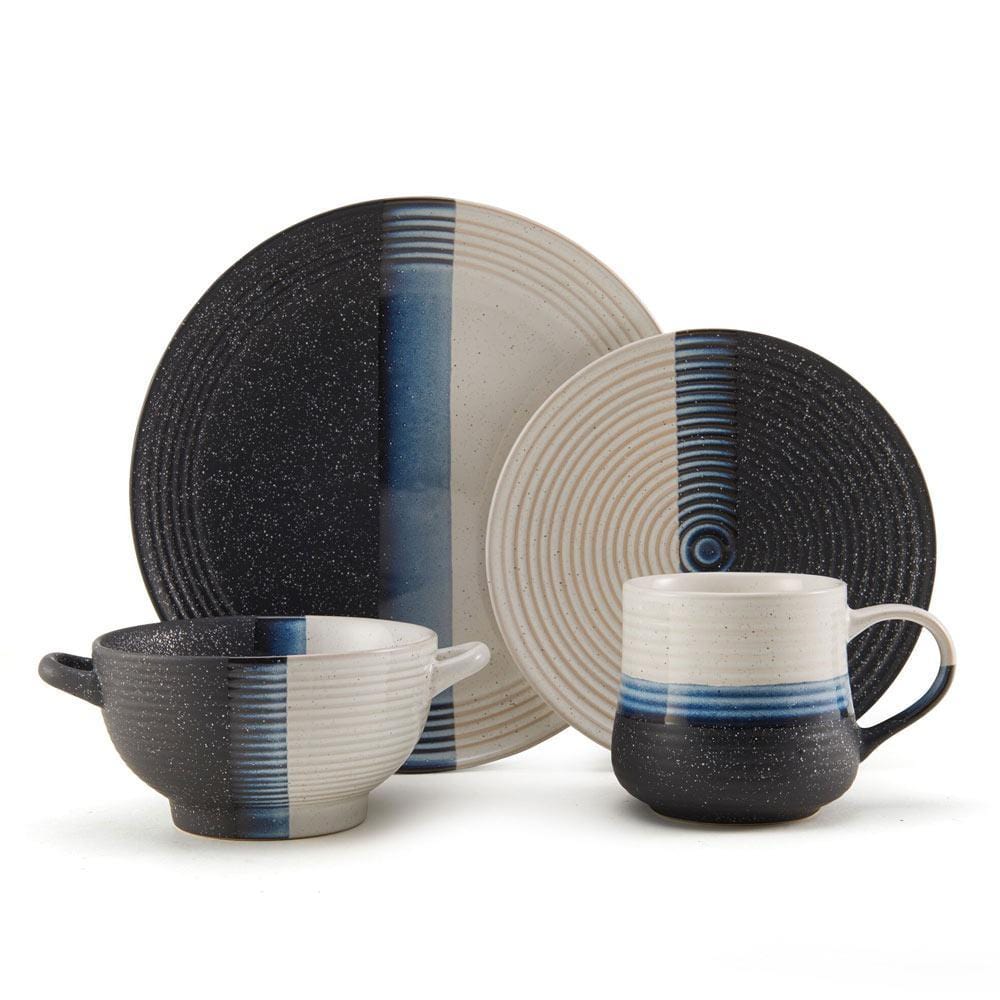 Detail of Jaxon ceramic plates showcasing striated lines and speckle finish