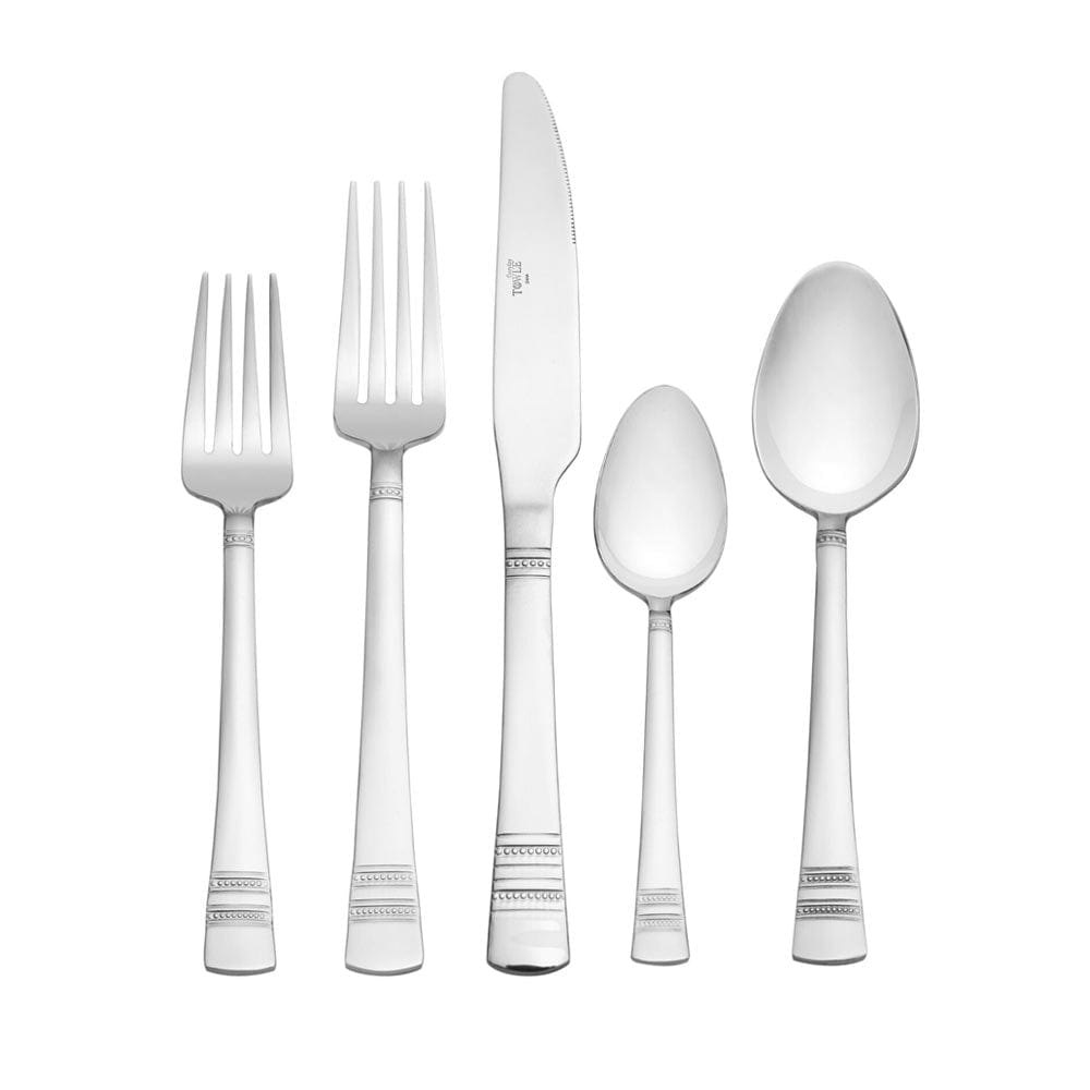 Close-up of stainless steel dinner knife from Kensington flatware set, dishwasher safe