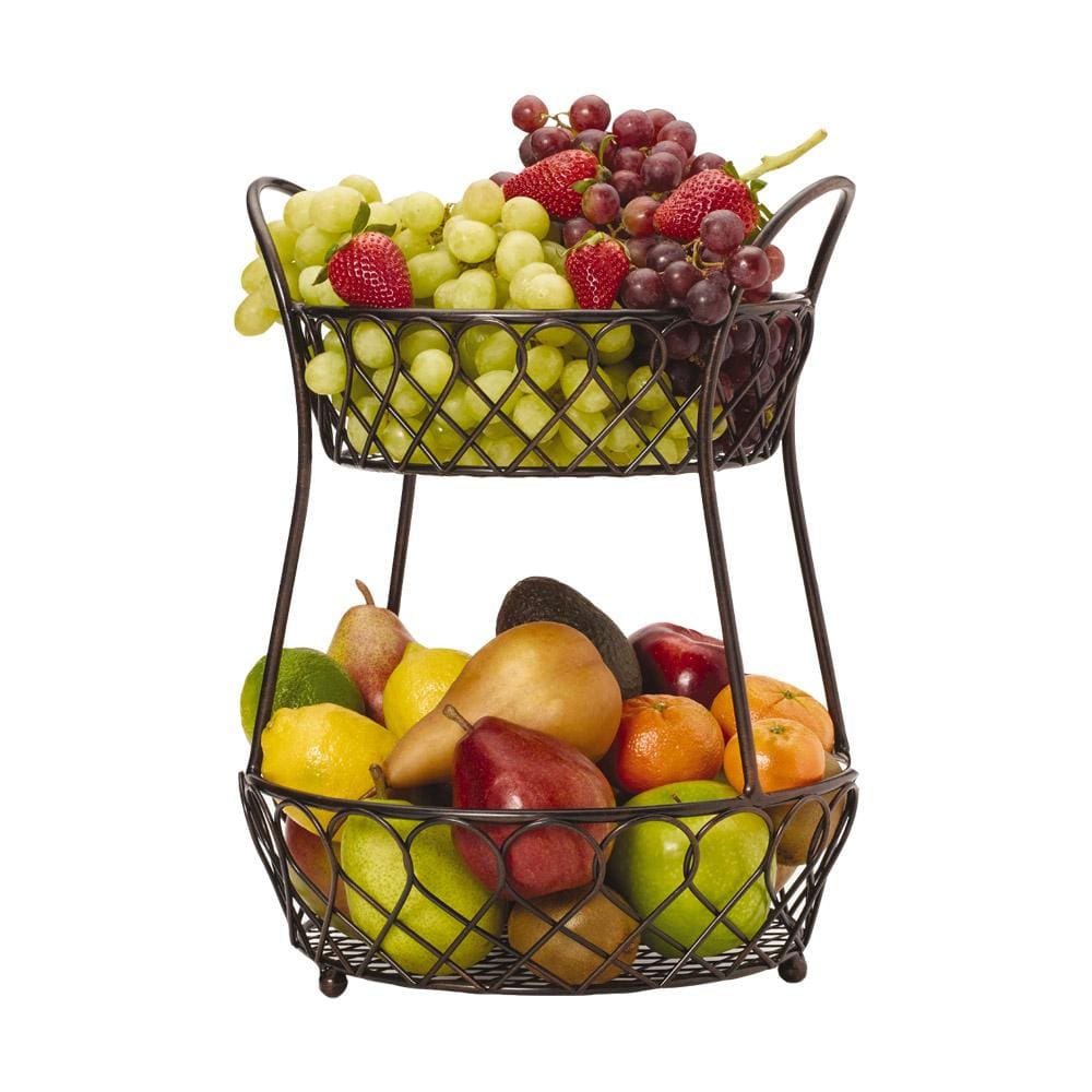 Versatile 2-tier storage basket in kitchen setting, ideal for organizing items.