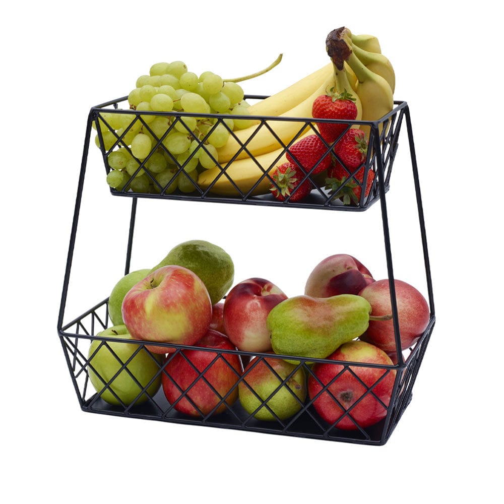 Wall-mounted tiered basket used for kitchen utensils