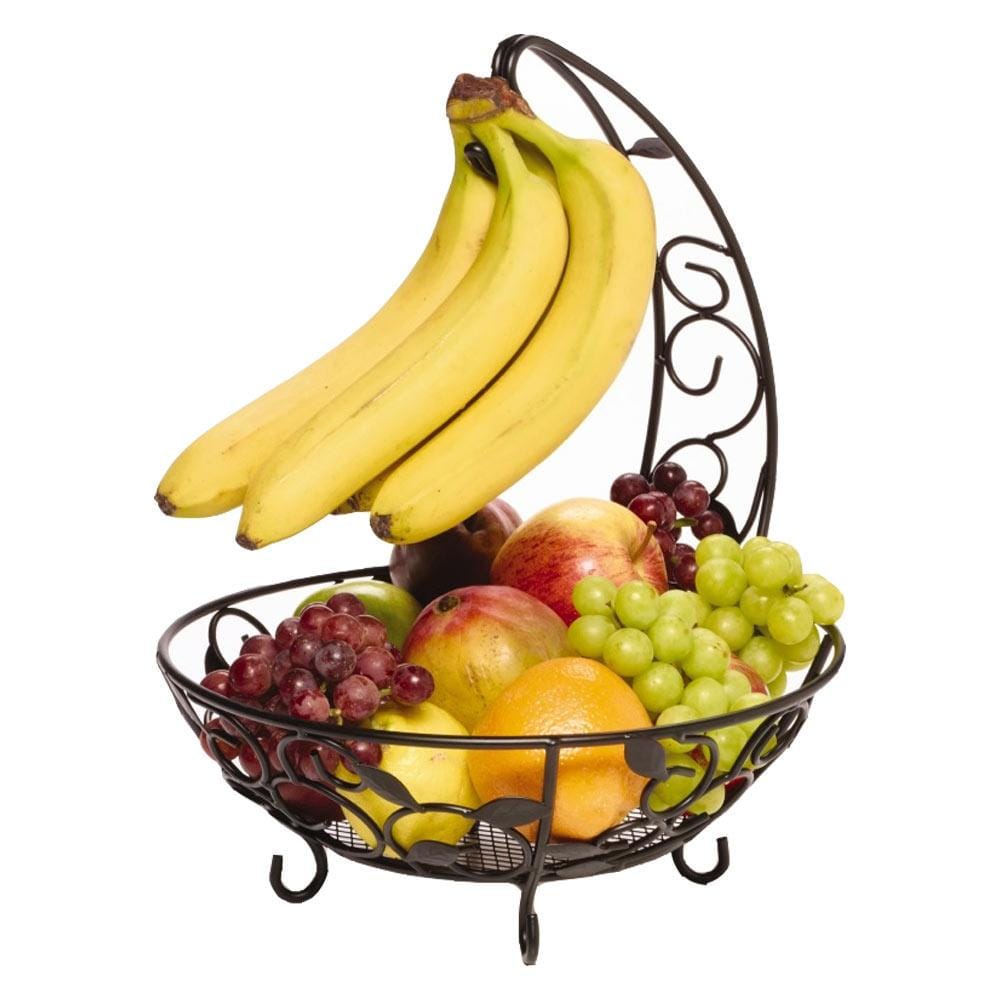 Close-up of leaf-shaped fruit basket with banana hook on kitchen countertop