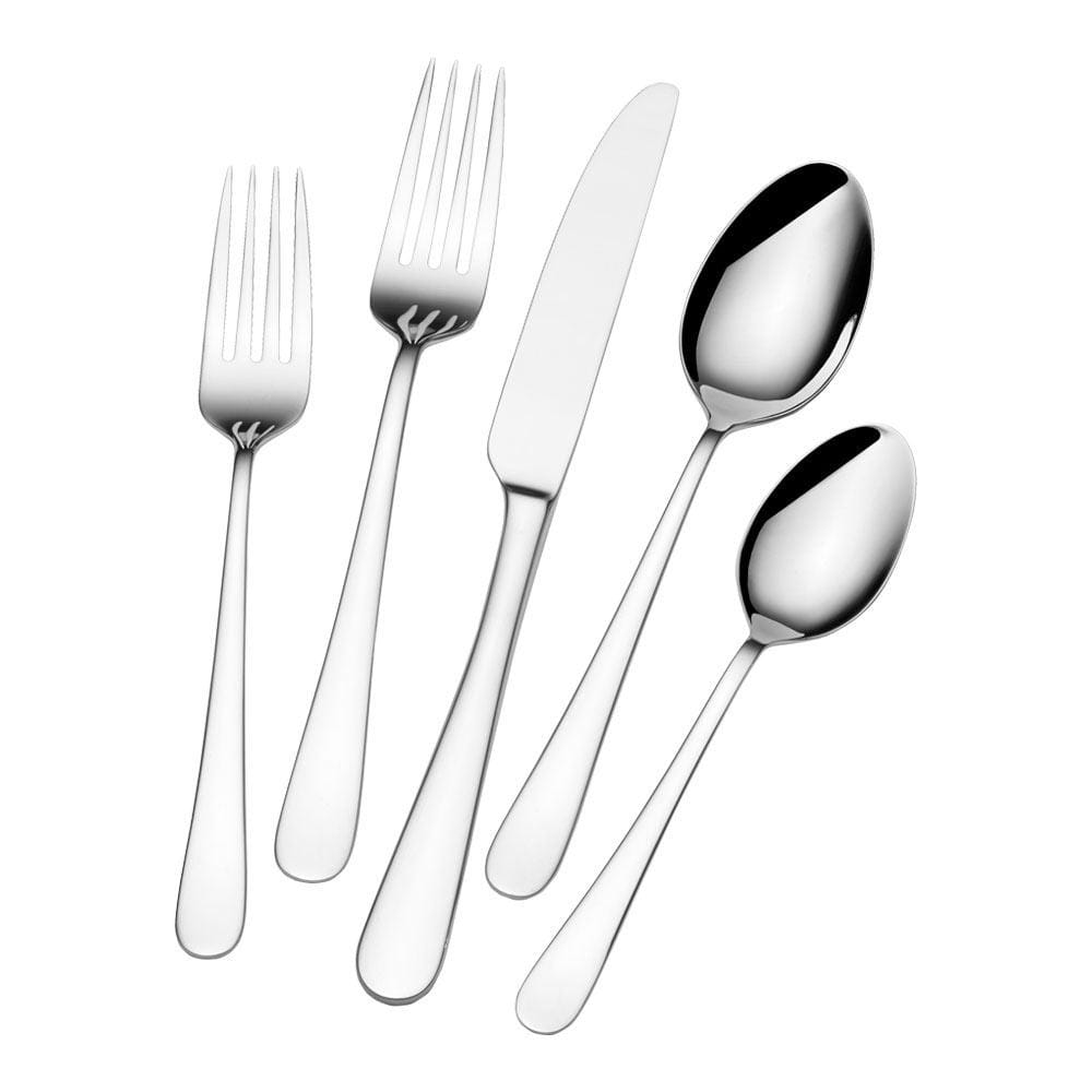 Lisbon 20-piece stainless steel flatware set elegantly displayed on a dining table.