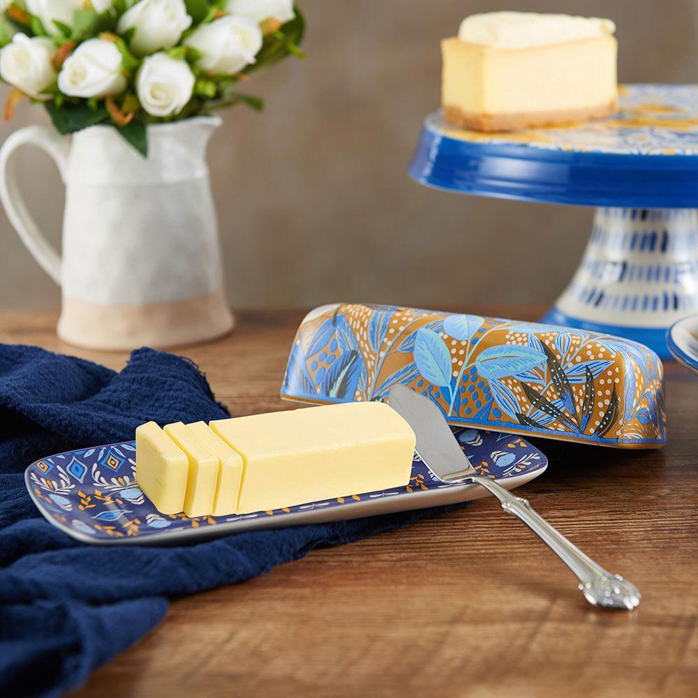 Top-down view of the covered butter dish showing lid detail and floral patterns