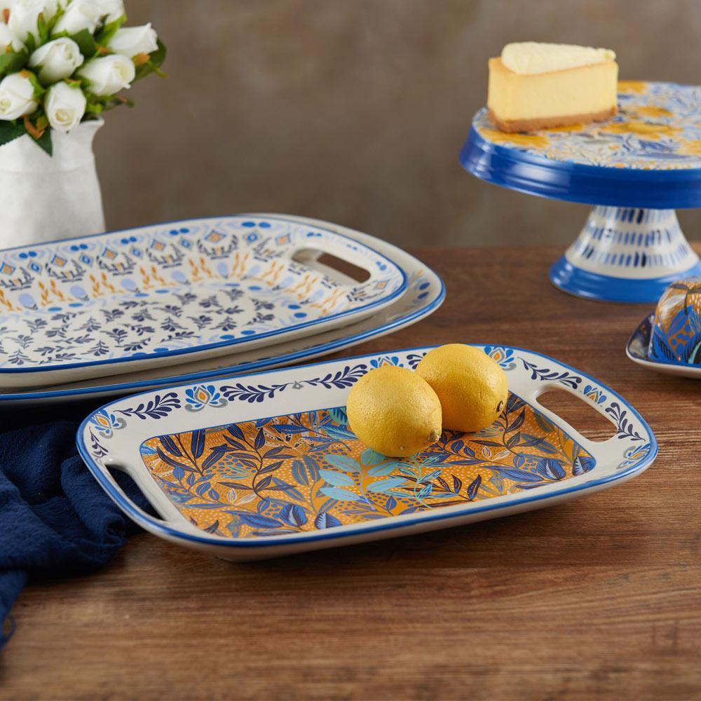 Floral stoneware serving platter from above, showcasing vibrant colors.