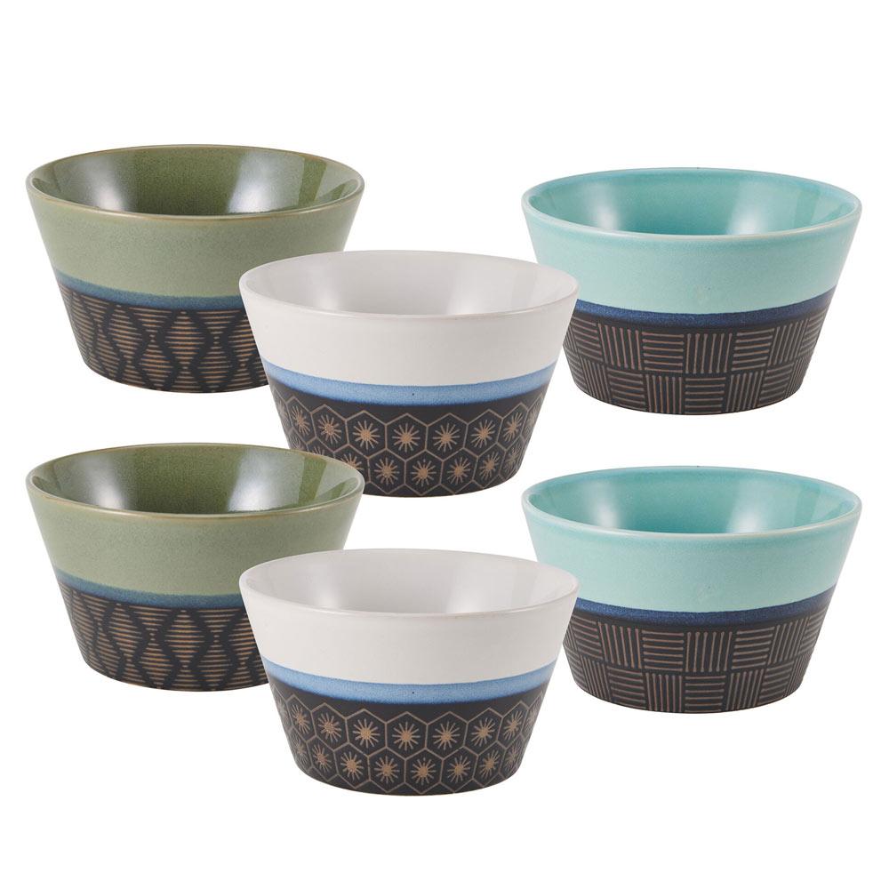 Modern geometric stoneware bowls set with colorful patterns, perfect for soups and cereals