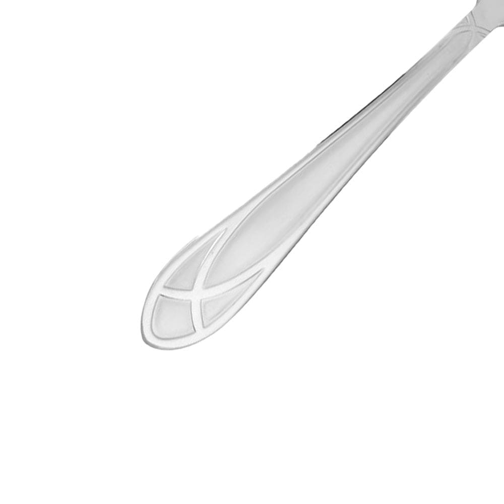Close-up of Mirage Frost flatware set with matte and mirror finish, showcasing crisscross design